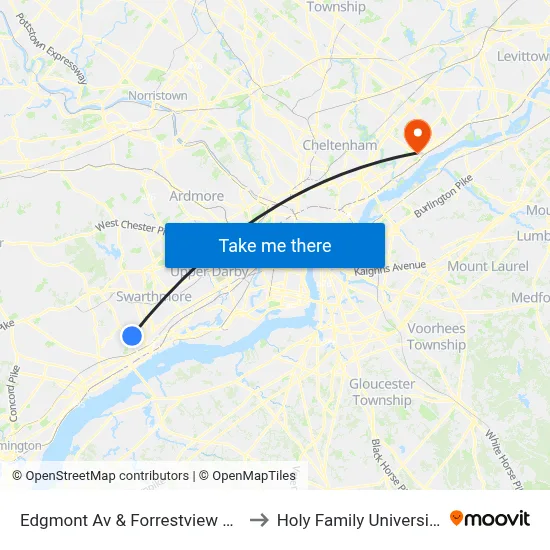 Edgmont Av & Forrestview Rd to Holy Family University map