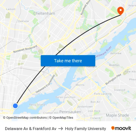 Delaware Av & Frankford Av to Holy Family University map