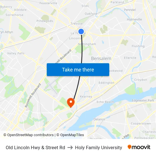 Old Lincoln Hwy & Street Rd to Holy Family University map