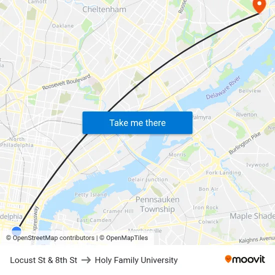Locust St & 8th St to Holy Family University map