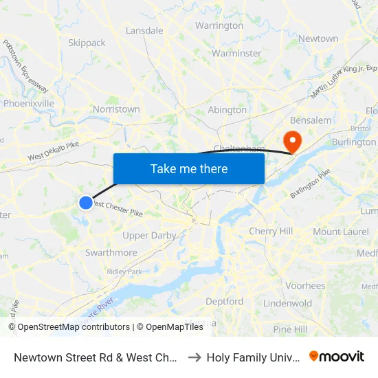 Newtown Street Rd & West Chester Pk to Holy Family University map
