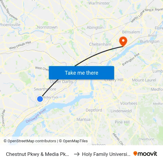 Chestnut Pkwy & Media Pkwy to Holy Family University map