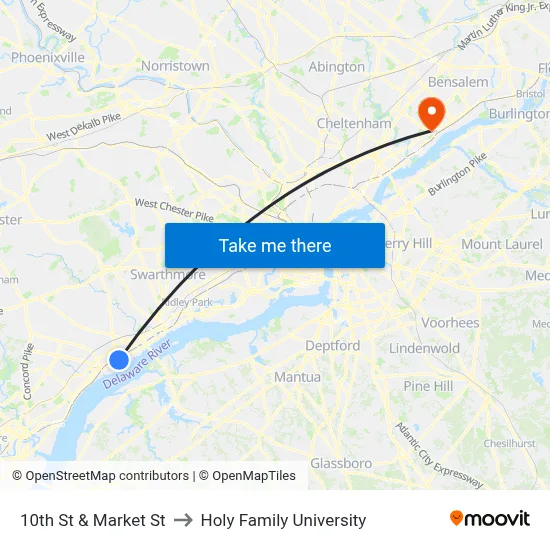 10th St & Market St to Holy Family University map