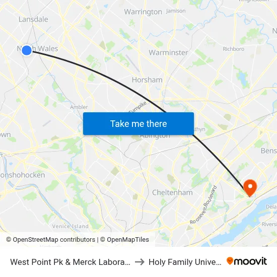 West Point Pk & Merck Laboratories to Holy Family University map