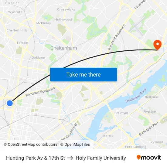 Hunting Park Av & 17th St to Holy Family University map
