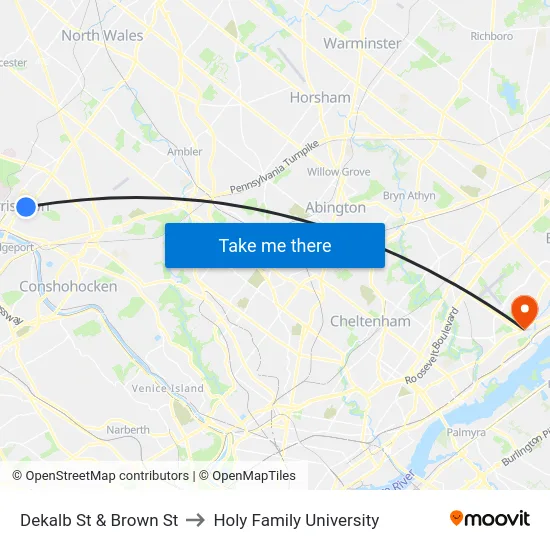Dekalb St & Brown St to Holy Family University map