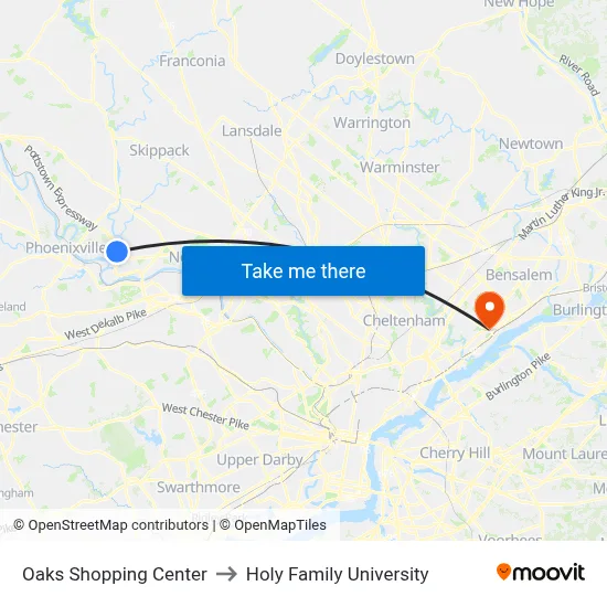 Oaks Shopping Center to Holy Family University map