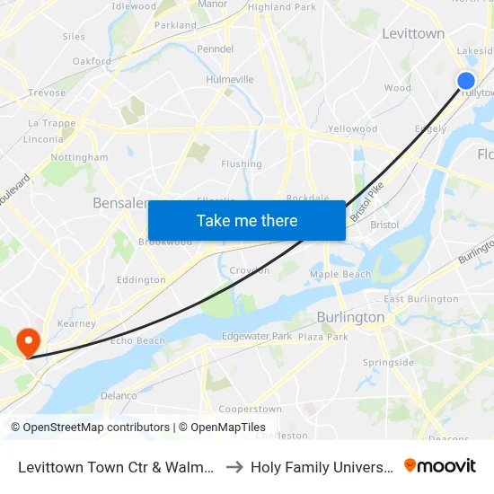 Levittown Town Ctr & Walmart to Holy Family University map