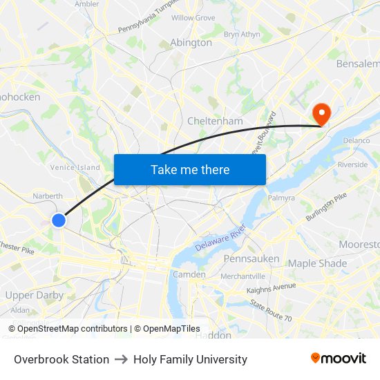 Overbrook Station to Holy Family University map