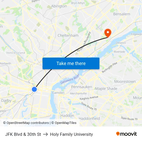 JFK Blvd & 30th St to Holy Family University map