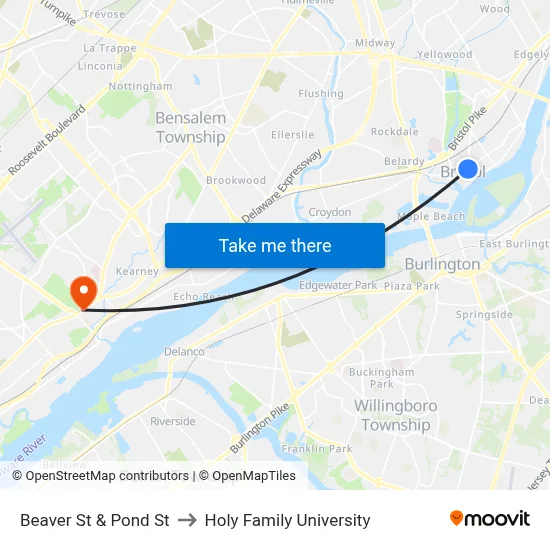 Beaver St & Pond St to Holy Family University map