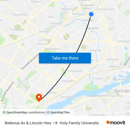 Bellevue Av & Lincoln Hwy to Holy Family University map