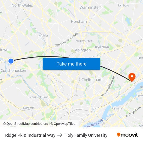 Ridge Pk & Industrial Way to Holy Family University map