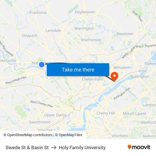 Swede St & Basin St to Holy Family University map