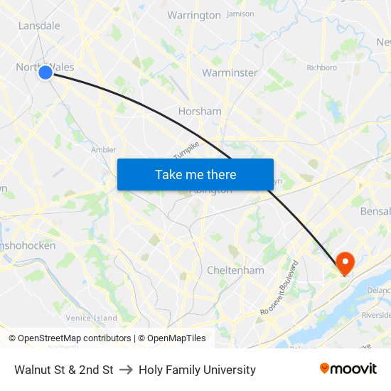 Walnut St & 2nd St to Holy Family University map