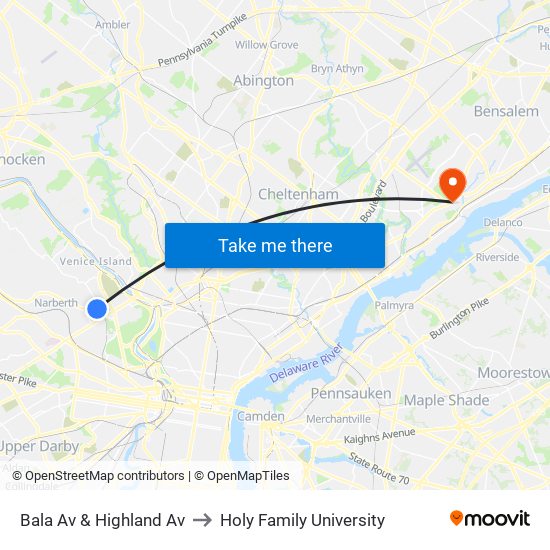 Bala Av & Highland Av to Holy Family University map