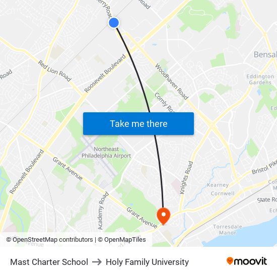 Mast Charter School to Holy Family University map