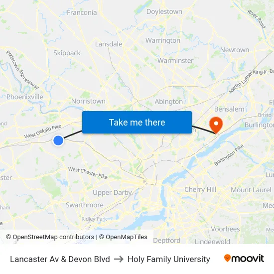 Lancaster Av & Devon Blvd to Holy Family University map