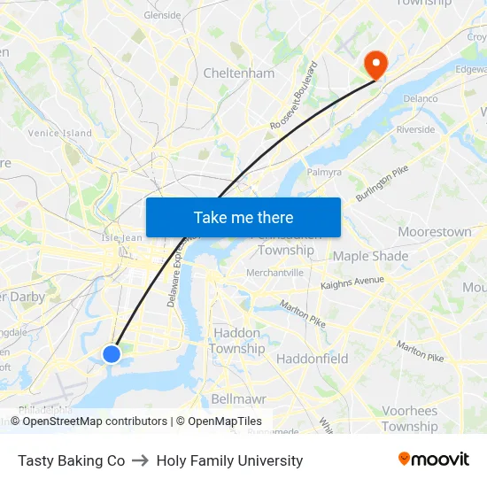 Tasty Baking Co to Holy Family University map