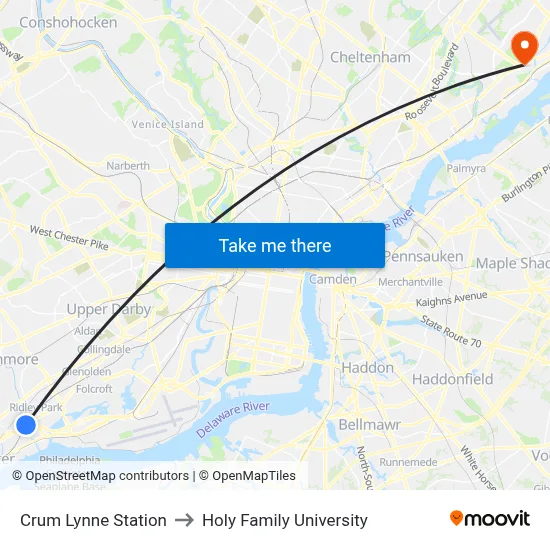 Crum Lynne Station to Holy Family University map