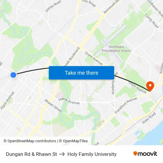 Dungan Rd & Rhawn St to Holy Family University map