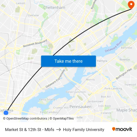 Market St & 12th St - Mbfs to Holy Family University map