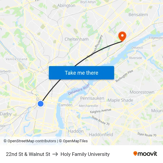 22nd St & Walnut St to Holy Family University map