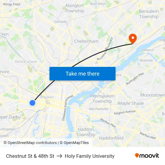 Chestnut St & 48th St to Holy Family University map