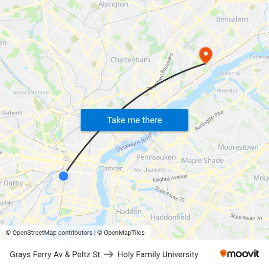 Grays Ferry Av & Peltz St to Holy Family University map