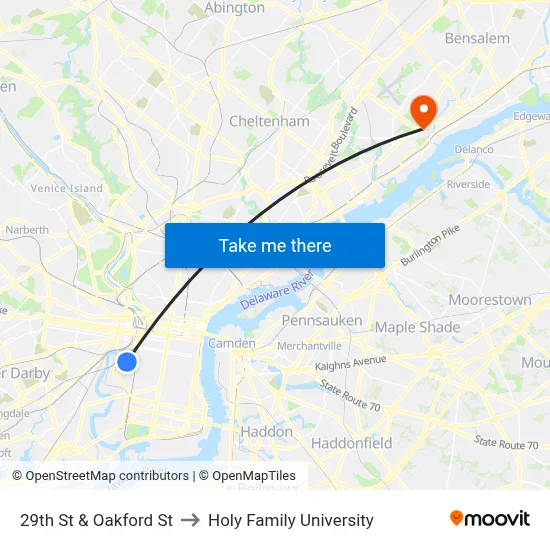 29th St & Oakford St to Holy Family University map