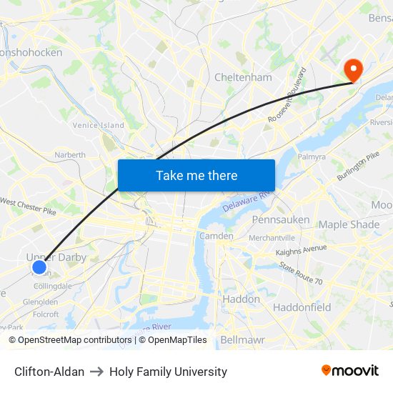 Clifton-Aldan to Holy Family University map