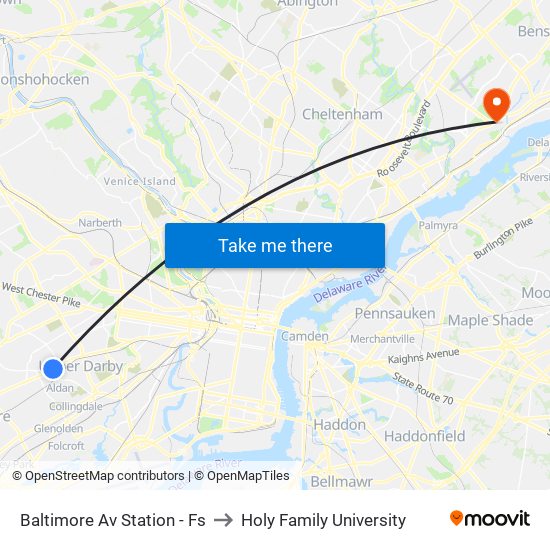 Baltimore Av Station - Fs to Holy Family University map