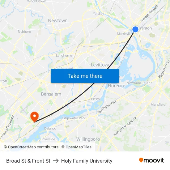 Broad St & Front St to Holy Family University map