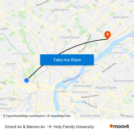 Girard Av & Merion Av to Holy Family University map