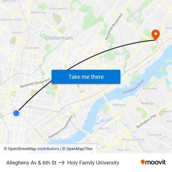 Allegheny Av & 6th St to Holy Family University map