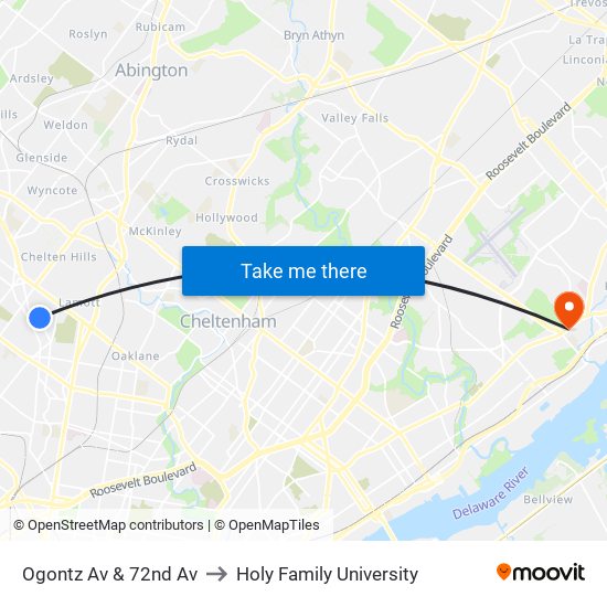 Ogontz Av & 72nd Av to Holy Family University map