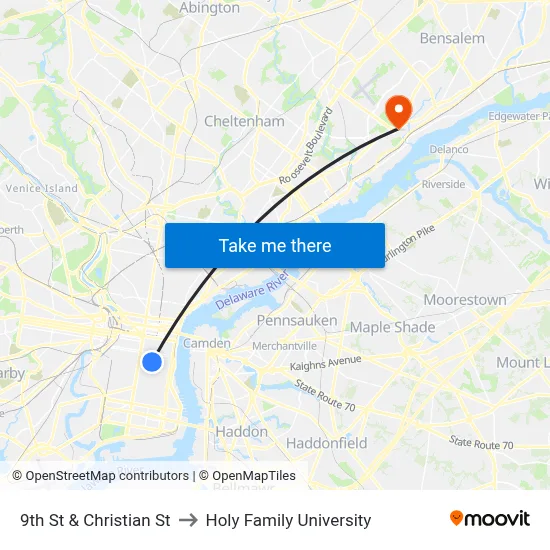 9th St & Christian St to Holy Family University map