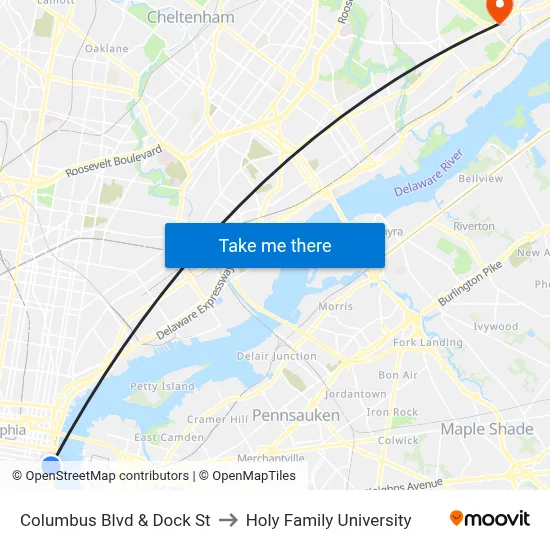 Columbus Blvd & Dock St to Holy Family University map