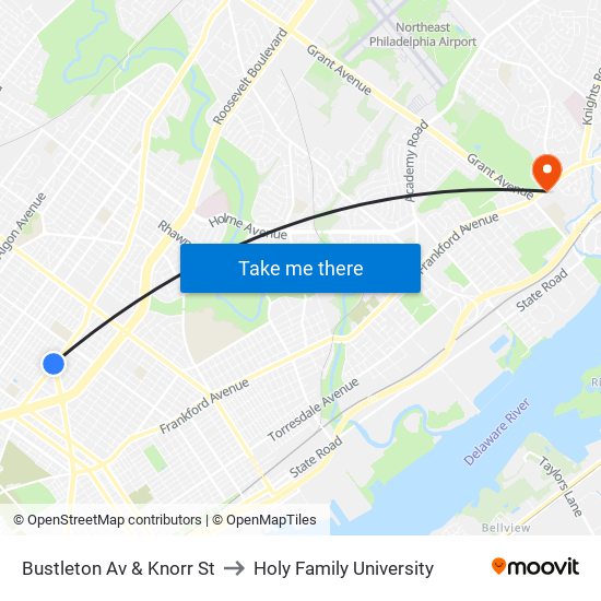 Bustleton Av & Knorr St to Holy Family University map