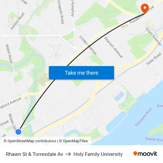 Rhawn St & Torresdale Av to Holy Family University map