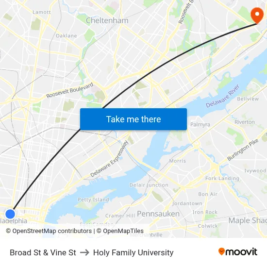 Broad St & Vine St to Holy Family University map