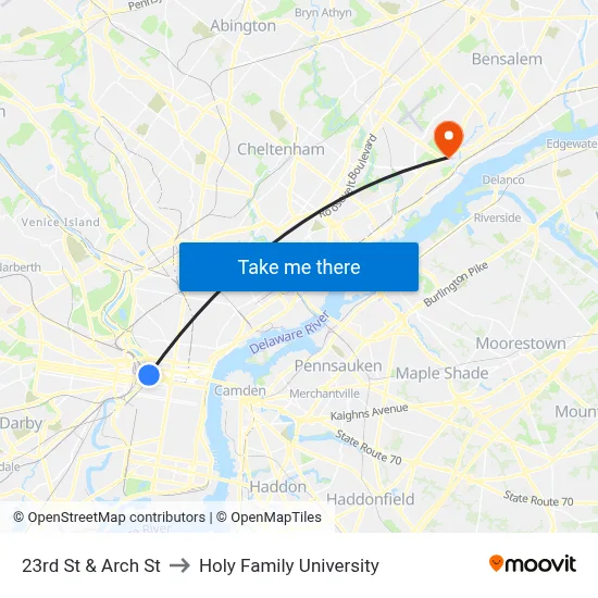 23rd St & Arch St to Holy Family University map