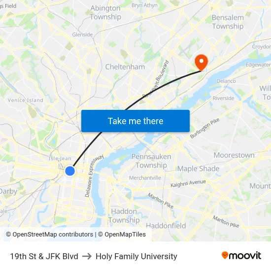 19th St & JFK Blvd to Holy Family University map