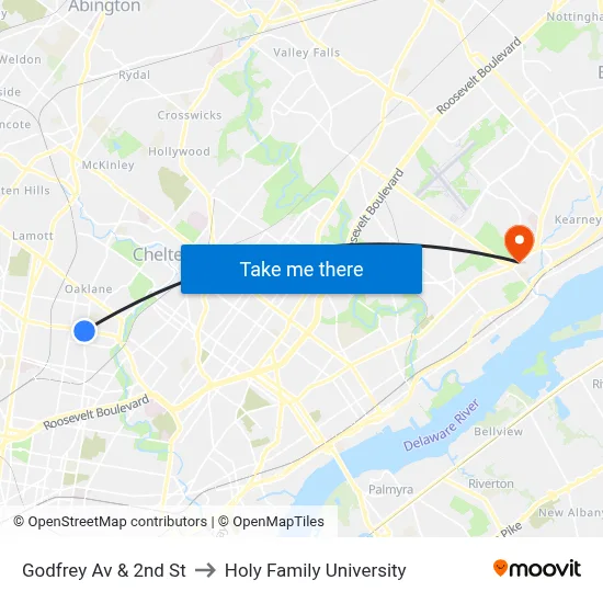 Godfrey Av & 2nd St to Holy Family University map