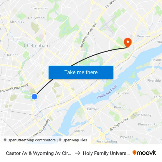 Castor Av & Wyoming Av Circle to Holy Family University map