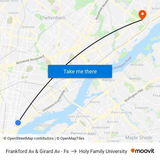 Frankford Av & Girard Av - Fs to Holy Family University map