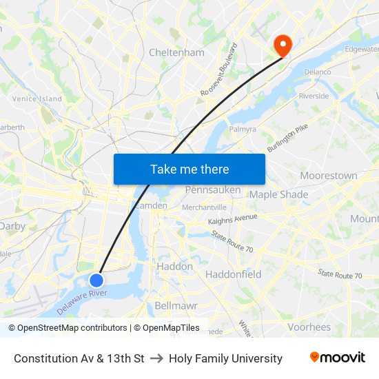 Constitution Av & 13th St to Holy Family University map