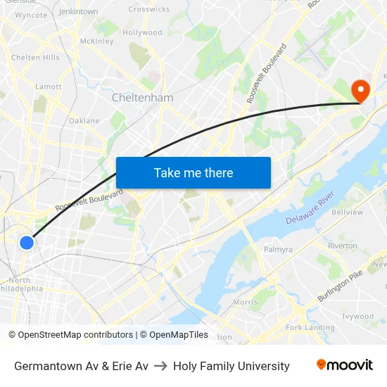 Germantown Av & Erie Av to Holy Family University map