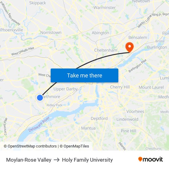 Moylan-Rose Valley to Holy Family University map