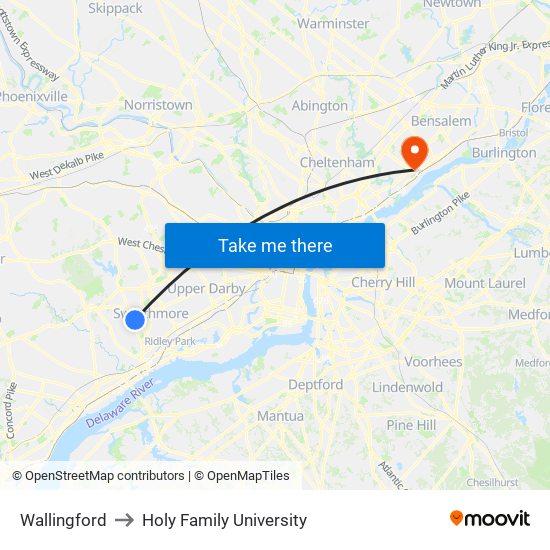 Wallingford to Holy Family University map